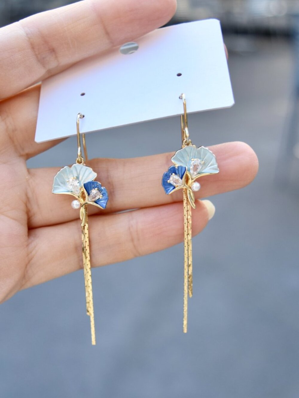 Blue Ginkgo Leaf Tassel Earrings - Dripping Oil